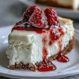 A rich slice of Indulgent White Chocolate Raspberry Cheesecake Bliss topped with extra raspberry sauce and fresh berries, ready to serve.