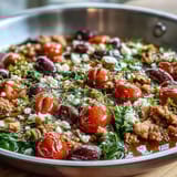 Sizzling Mediterranean keto ground chicken skillet with juicy tomatoes and crumbled feta