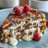 Fluffy pancake casserole layered with fresh berries and creamy custard, dusted with powdered sugar for a festive Mothers Day brunch.  