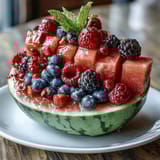 Watermelon carving board with berries, vibrant fruit platter with fresh mint and lime garnish, perfect for summer gatherings.  