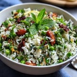A fragrant rice pilaf with sweet spring peas and fresh mint, served as a vibrant side dish for spring meals.
