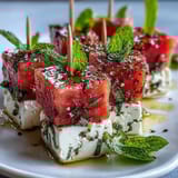 Vibrant appetizer skewers featuring sweet watermelon, salty feta, and fresh mint, drizzled with olive oil and balsamic glaze.  