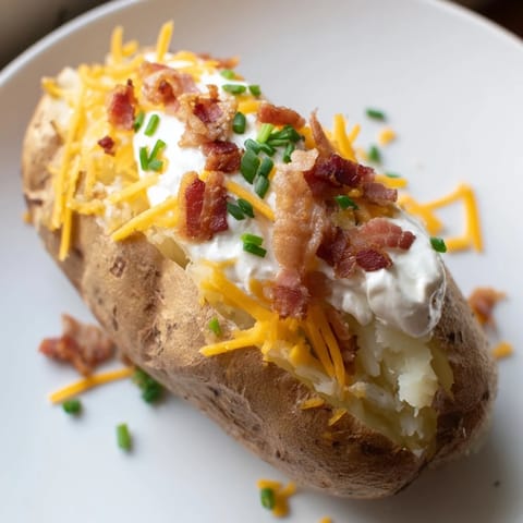 Fluffy, steaming Loaded Baked Potato, brimming with melted cheese, bacon crumbles, and fresh chives.