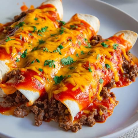 A close-up of cheesy Beef Enchiladas, baked to perfection with a rich, red sauce and herbs.