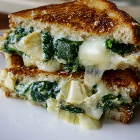 Golden, crisp sourdough slices reveal melted spinach and artichoke dip filling in this Artichoke Spinach Grilled Cheese.