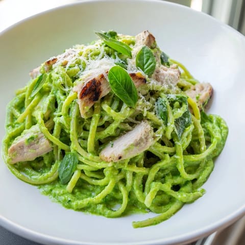 Creamy avocado chicken pasta tossed with grilled chicken breast in a silky no-cook sauce, garnished with fresh basil and lemon zest.