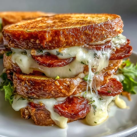 Savory Italian Sub Grilled Cheese with melted cheese, hearty meats, hearty flavors.