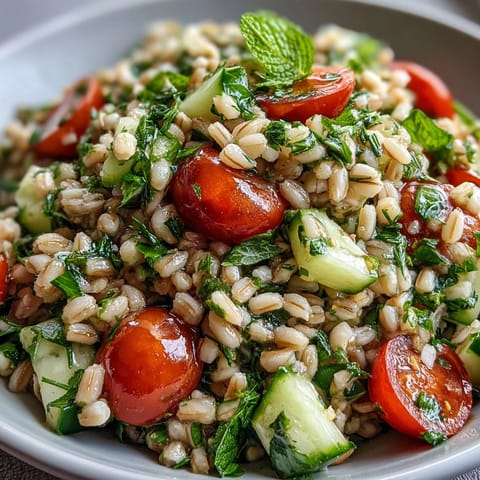 A vibrant bowl of Barley and Herb Salad showcasing pearl barley, cherry tomatoes, and diced cucumber in a zesty lemon vinaigrette.