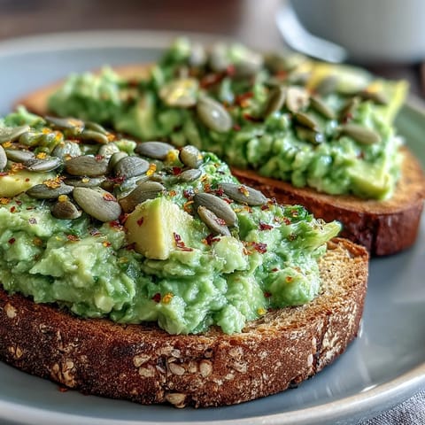 Creamy mashed avocado spread on crispy whole grain avocado toast, topped with sliced tomato and pumpkin seeds for a fresh breakfast.