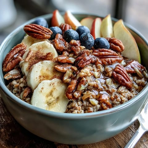A close-up of buckwheat groats breakfast topped with mixed nuts and fresh berries, drizzled with maple syrup.  