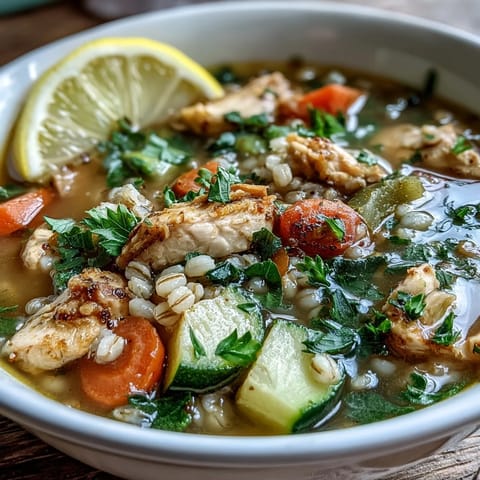 Soothing Turmeric Chicken With Pearl Barley simmering in a pot with carrots, celery, zucchini, and tender chicken pieces.
