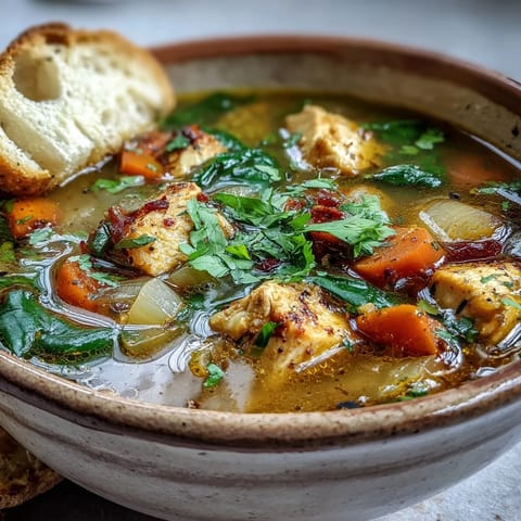 A steaming bowl of vibrant Turmeric Chicken Soup with zucchini and wilted spinach in a rustic pot.