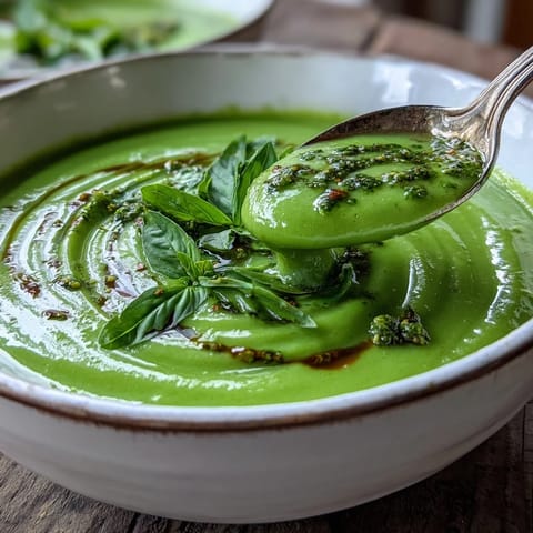 Steaming bowl of creamy green Courgette, Pea and Pesto Soup, showcasing the bright spring vegetable colors.  
