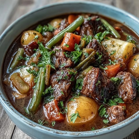 Hot Beef and Vegetable Soup steams in a rustic bowl, featuring tender beef, colorful root vegetables, and fresh parsley garnish.