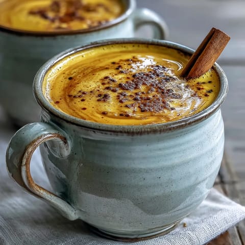 Freshly prepared Turmeric and Ginger Golden Milk in a clear glass mug showcases a vibrant yellow hue and aromatic spices.