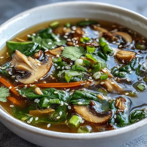 Steaming Miso Ginger Winter Soup in a rustic bowl with sautéed shiitake mushrooms and bright green spinach.