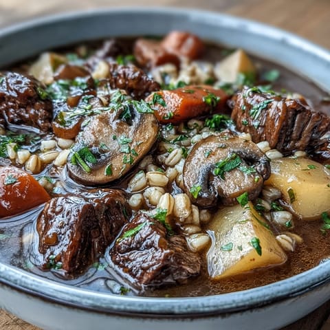 Hearty Vegetable Beef, Barley, and Mushroom Soup simmering in a rustic pot with tender beef chunks and sliced carrots.