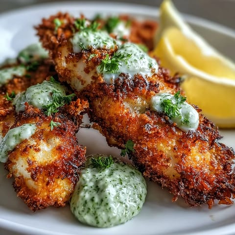 Golden-brown haddock goujons with Parmesan crust sit beside bright green pea pesto, lemon wedges, and fresh basil garnish.