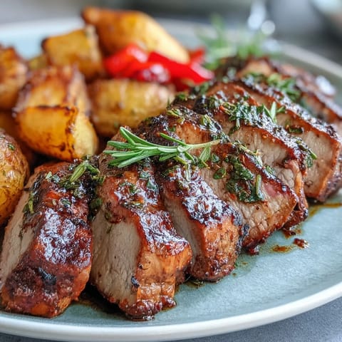 Golden-sliced marinated Ibérico pork fillet plated with crispy roasted potatoes and sweet red peppers, a Spanish-inspired main dish ready to serve.