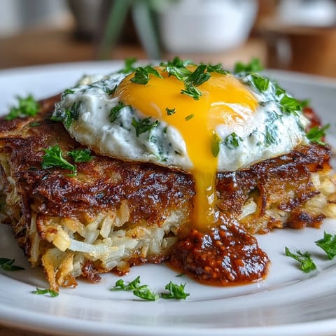 Celeriac Rösti with Harissa Yogurt and Fried Eggs, topped with a dollop of spicy yogurt and a runny golden yolk.