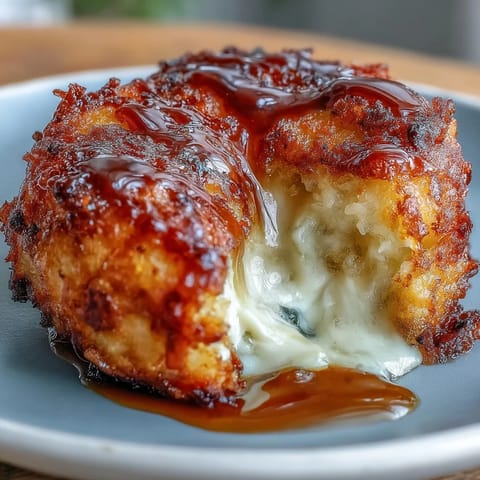 Golden-brown Chīzu Imomochi dumplings glazed in sticky soy-honey sauce are ready to serve warm on a plate.