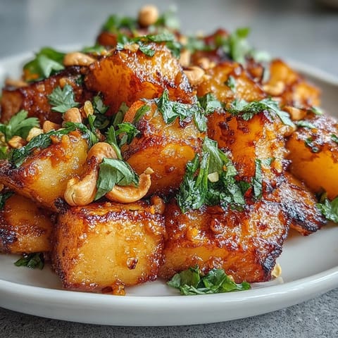 Golden roasted celeriac chunks soak in a fragrant, creamy coconut curry sauce in this hearty vegetarian main.