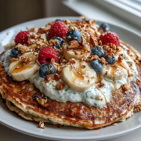 Enjoying a hearty Protein Pancake Bowl, mixing golden brown oat pancakes with sliced bananas, blueberries, and crunchy walnuts for a nutritious breakfast.