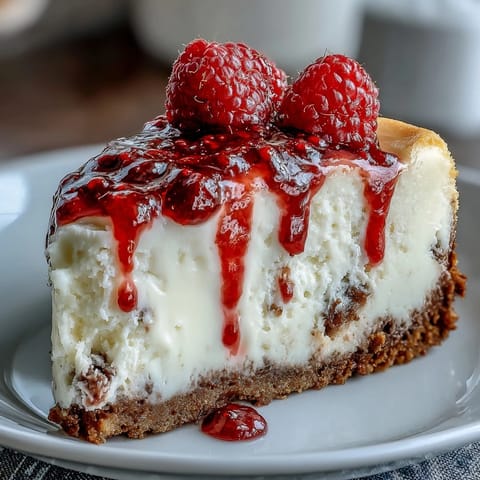 Freshly sliced Indulgent White Chocolate Raspberry Cheesecake Bliss with a buttery graham cracker crust and vibrant berry swirls on a ceramic plate.