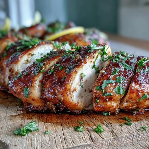Golden-brown oven baked chicken breast seasoned with paprika and herbs, resting on a baking sheet.