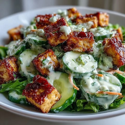 Vibrant Creamy Asian Cucumber Salad with Crispy Tofu topped with golden sesame seeds