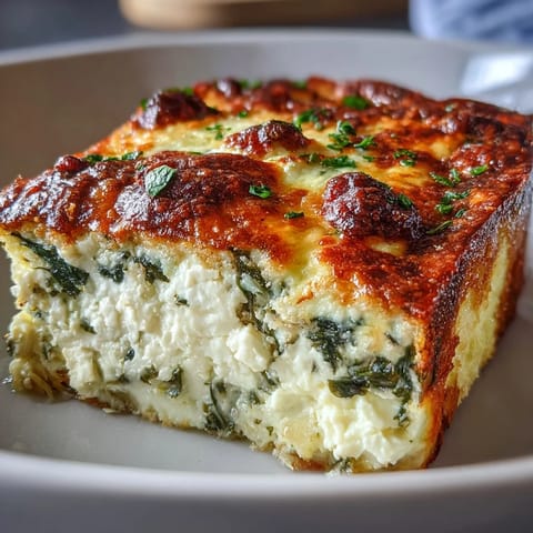A slice of High Protein Spinach Artichoke Bake reveals creamy cottage cheese, feta, spinach, and artichoke hearts in a savory casserole.  