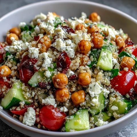 This vibrant High Protein Quinoa & Chickpea Salad is garnished with fresh herbs and a lemony olive oil dressing.