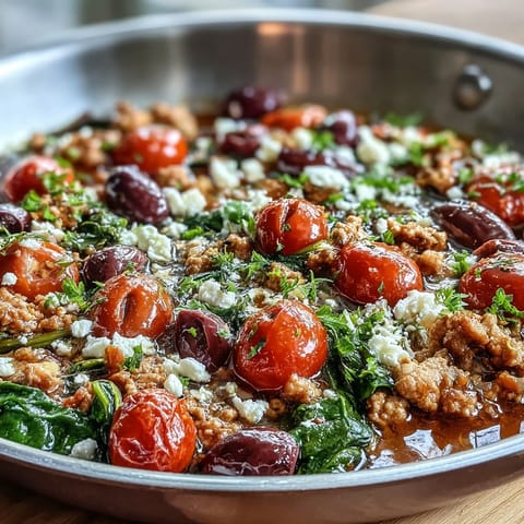 Sizzling Mediterranean keto ground chicken skillet with juicy tomatoes and crumbled feta
