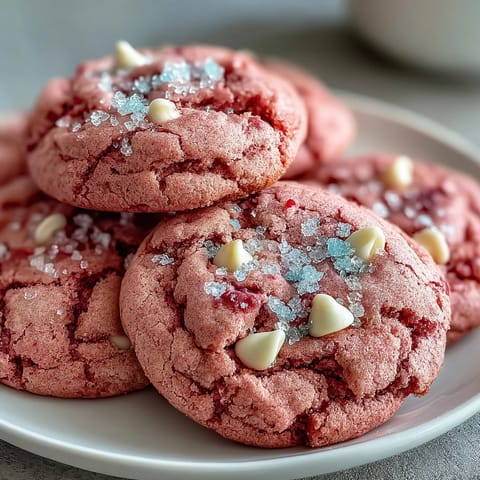 Vibrant pink velvet cookies with creamy white chocolate chips, fresh from the oven on a baking sheet.