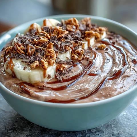 A thick, frosty chocolate peanut butter smoothie bowl served in a bowl with extra peanut butter drizzle.