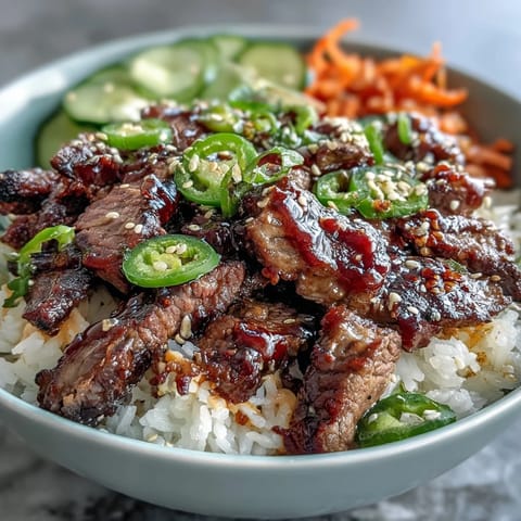 Flank steak with sesame-ginger marinade atop fluffy rice, pickled carrots, cucumber, and spicy jalapeños, drizzled with creamy sriracha mayo.