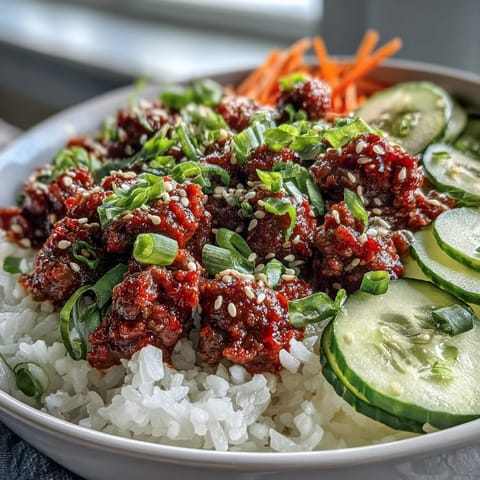 Easy Korean Beef Bowl served over fluffy white rice, garnished with green onions and red chili slices for a vibrant weeknight meal.