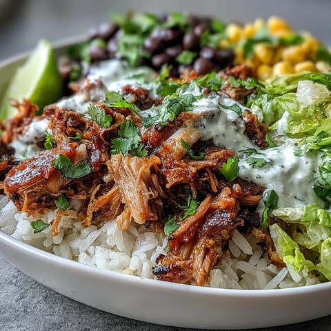 A vibrant Carnitas Burrito Bowl features tender, slow-cooked pork piled over fluffy rice with black beans, crisp lettuce, and fresh salsa.
