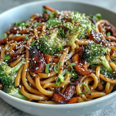 Tender egg noodles tossed in a sweet and savory teriyaki sauce, garnished with crisp broccoli and toasted sesame seeds.