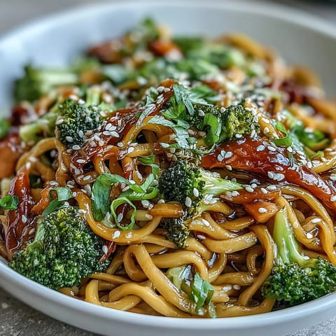 Freshly steamed broccoli and carrots mingle with chewy noodles in a glossy Asian teriyaki glaze for a vibrant bowl.