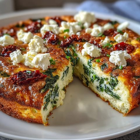 Fluffy spinach and feta frittata with sun-dried tomatoes, baked golden and savory—perfect for a Mediterranean-inspired brunch or light dinner.  