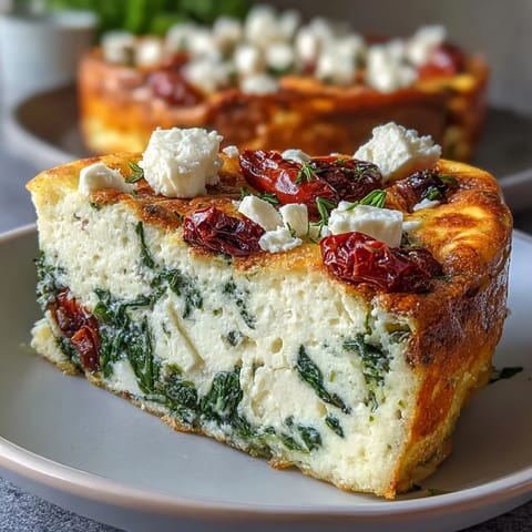 Savory baked frittata loaded with fresh spinach, tangy feta, and sweet sun-dried tomatoes, offering a colorful, protein-packed main dish.  