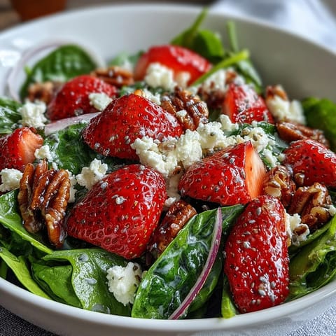 Fresh strawberry spinach salad with poppyseed dressing, bursting with juicy berries, crisp greens, and crunchy toasted nuts.