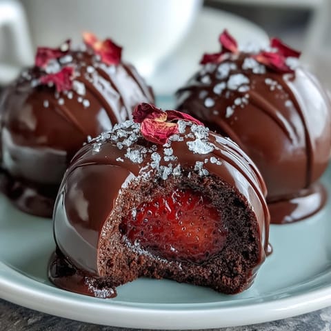 Dubai-Style Strawberry Truffles with Dark Chocolate Shell: Bite-sized truffles filled with rosewater-cardamom strawberry and coated in rich dark chocolate.