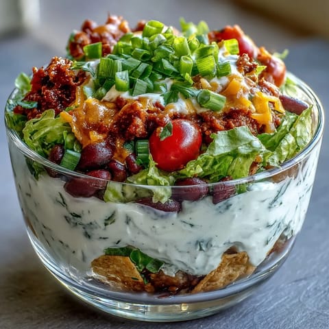 Crispy tortilla chips accompany colorful Easy Taco Dip Cups layered with sour cream, tomatoes, lettuce, and melted cheese.