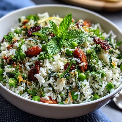 A fragrant rice pilaf with sweet spring peas and fresh mint, served as a vibrant side dish for spring meals.