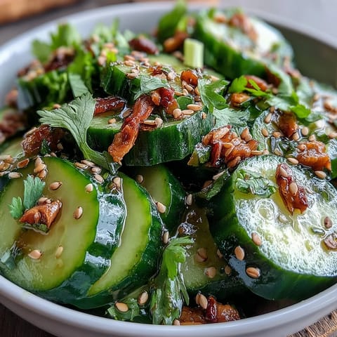 Asian Cucumber Salad with Sesame and Rice Vinegar: Crisp cucumbers in tangy sesame dressing, garnished with sesame seeds and green onions for a refreshing, vegan side dish.
