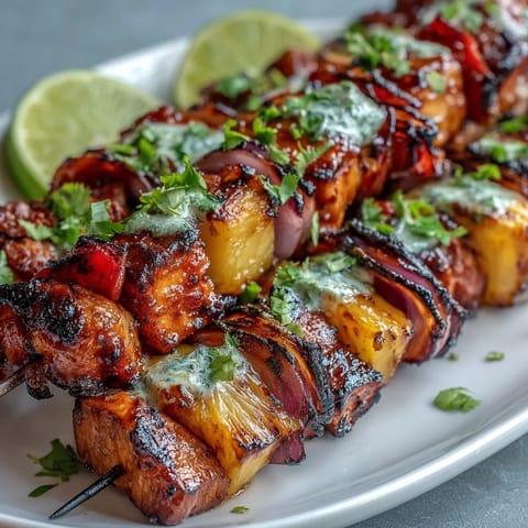 Juicy Grilled Pineapple Chicken Skewers with caramelized pineapple and bell peppers sizzling on the grill.