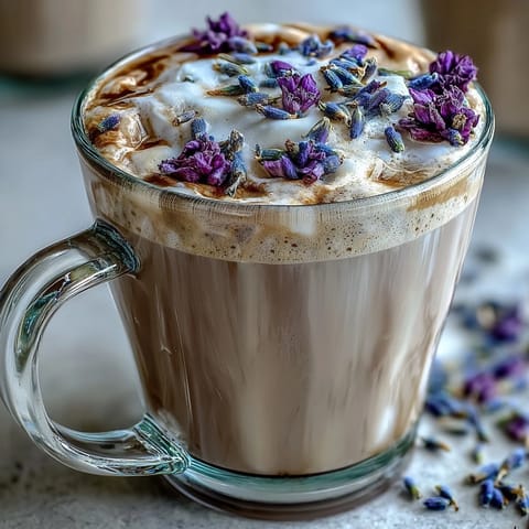Creamy lavender oat milk latte with frothy oat milk, espresso, and floral lavender syrup for a soothing vegan treat.