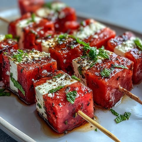 Refreshing watermelon feta mint skewers with juicy melon, creamy cheese, and fragrant herbs, perfect for summer parties.  